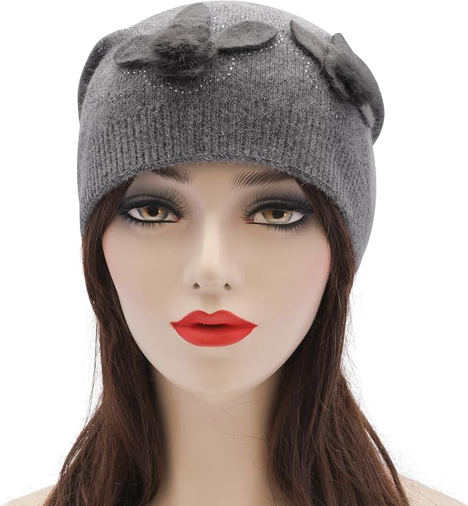 ZLYC Women Floral Slouchy Beanie Hat Double Layer Winter Knit Skull Cap