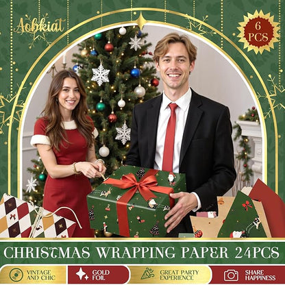 Aobkiat Christmas Tissue Paper for Bags,24 Sheets Red Green Santa Claus Reindeer Styles Gift Wrap Paper for Present Package,Wrapping Xmas Gift/Wine Bottles,DIY Craft,20×15inch/Sheets
