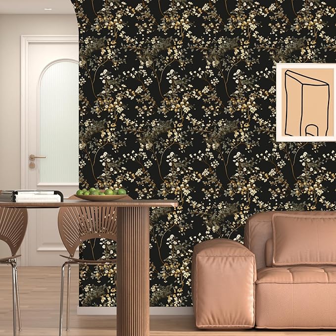 Black Floral Wallpaper Classic Leaves Wall Paper 17.4" x 118" Dark Moody Contact Paper Vintage Chinoiserie Watercolor Self Adhesive Covering for Bedroom Bathroom Cabinet Home Decor Beige Gold
