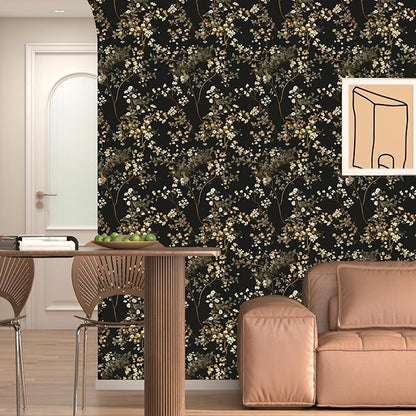Black Floral Wallpaper Classic Leaves Wall Paper 17.4" x 118" Dark Moody Contact Paper Vintage Chinoiserie Watercolor Self Adhesive Covering for Bedroom Bathroom Cabinet Home Decor Beige Gold