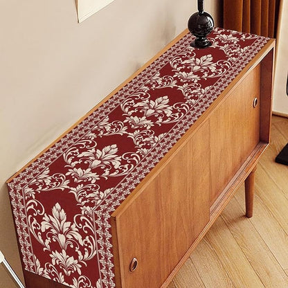 Damask Table Runner, Red Rustic Damask Antique Floral Retro Boho Art Pattern Linen Coffee Table Center Decor for Home Kitchen Dining Decorations Indoor Outdoor 13x90 inch