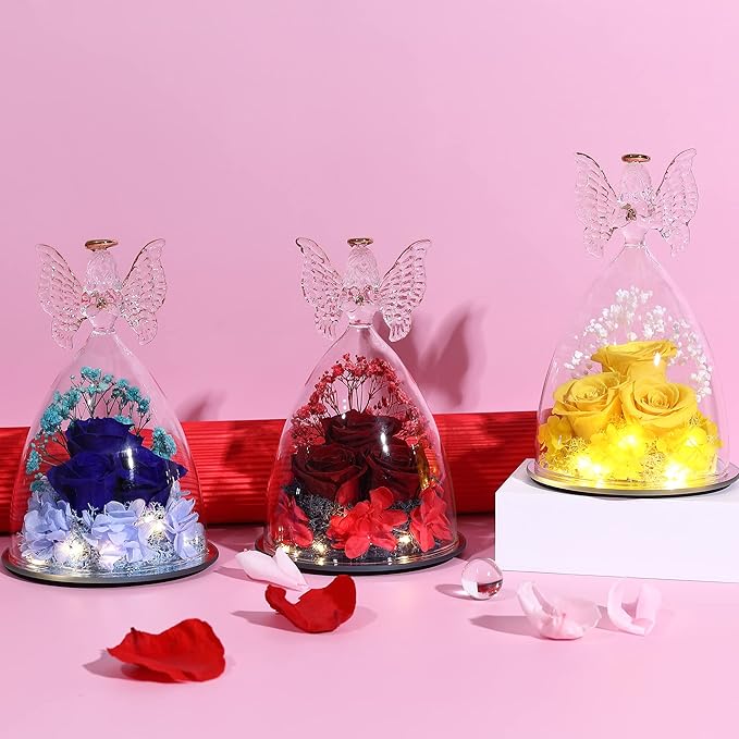Mothers Day Rose Gifts Glass Angel Figurine with Three Roses Gifts, Preserved Forever Real Rose Gifts for Women, Angel Guardian with Rose for Mothers Day - Wine Red