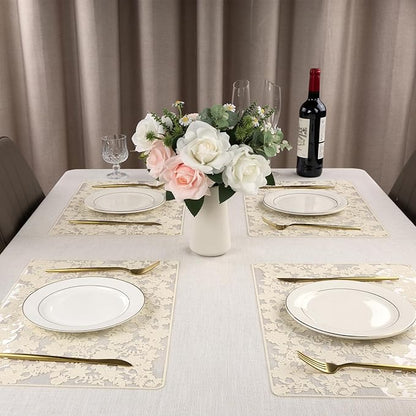 Clear Placemats Set of 6 Rectangle - PVC Place Mats with Beige Flower Carft Table Protector for Kitchen Dining Room, Wahsable Heat Resistant Non-Slip Reversible Table Mats