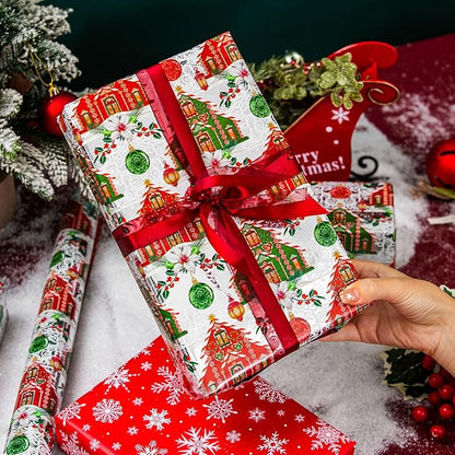 Yarcony Reversible Christmas Wrapping Paper, Vintage Christmas Ornament Gift Wrapping Paper, Classic Watercolor Retro House and Snowflakes Pattern for Holiday, Party(Mini Roll, 17Inch x 33Feet)