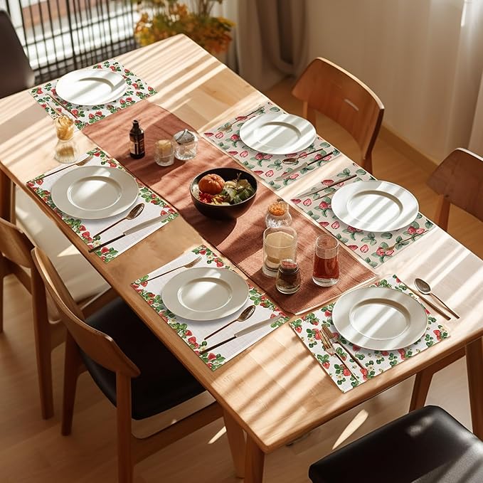 Strawberry Placemats Set of 6,Washable Heat Resistant 12×18 Inch Linen Table Mats Cute Place Mats for Party Outdoor Dining Décor