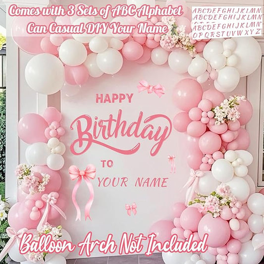 Custom Name Happy Birthday Signs for Backdrop Sweet Girl Birthday Party Vinyl Stickers for Pink Bow Balloon Arch Decoration Women Happy Birthdays Letters Banner Photo Background Sticker Party Supplies