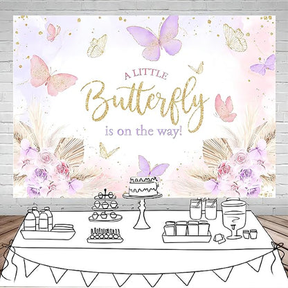 Mocsicka Butterfly Baby Shower Backdrop for Girl's A Little Butterfly is on The Way Pink Florals Flowers Photography Background Princess Girl Party Decoration Photography Props (7x5ft, Gold)