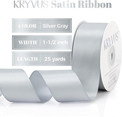 Silver Gray Satin Ribbon, Double Faced 1-1/2 Inch X 25 Yards Silver Gray Ribbon, Premium Satin Ribbons for Gift Wrapping, Crafts, Hair Bow Making, Sewing, Flower Bouquet, Wedding Party Decor