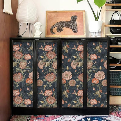 Floral Wallpaper Peel and Stick Floral Contact Paper Dark and Pink Vintage Wall Paper Removable Self Adhesive Vinyl Stick on Wallpaper for Bathroom Bedroom Decor 17.3in x 400in