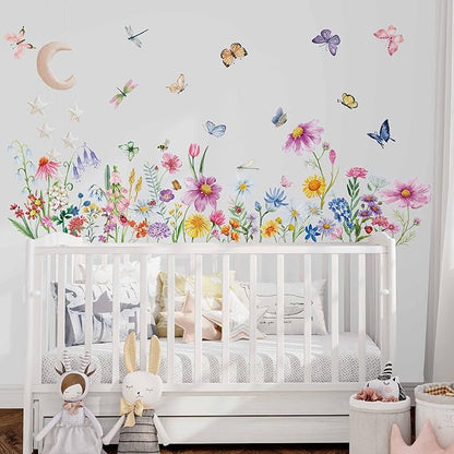 9 Pcs Flowers Wall Decals Peel and Stick, Colorful Wildflower Dragonflies Floral Wall Stickers for Living Room Bedroom Baby Nursery