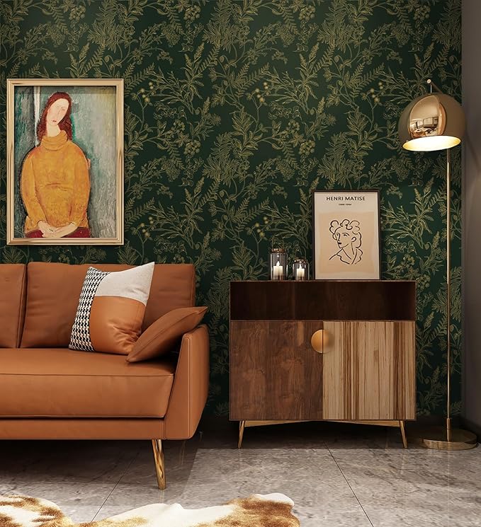 Peel and Stick Wallpaper Dark Green and Gold Floral Wallpaper Vintage Flower and Leaf Contact Paper for Cabinets Self-Adhesive Removable Wallpaper for Bedroom Bathroom Kitchen 197"x17.3"
