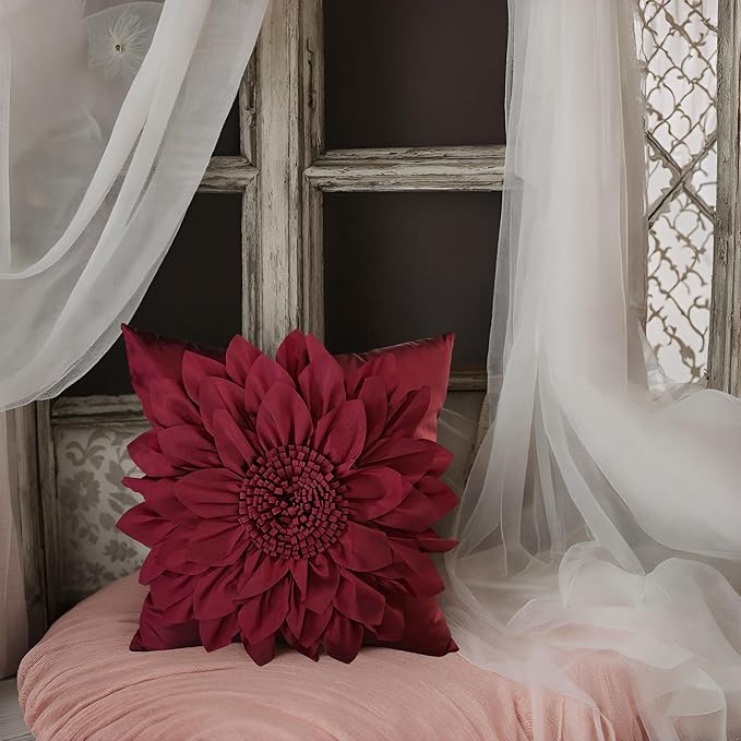 Bella's Giftshop 3D Sunflower Decorative Throw Pillow Covers for Bed Sofa Couch Car, Accent Floral Taffeta Cushion Cover, Handmade Pillow Cases Living Room Decor, 17x17 Inch-Burgundy
