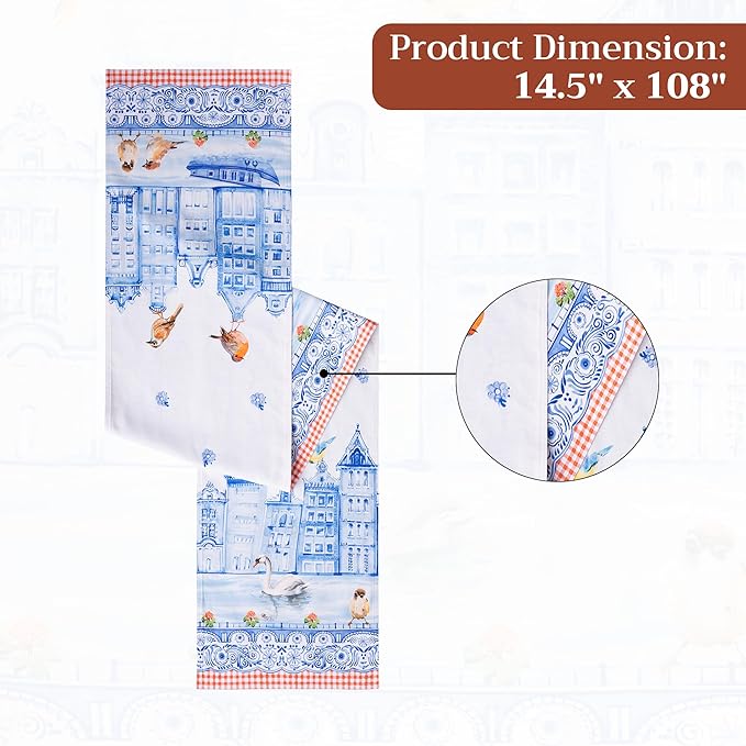 Maison d'Hermine Table runner 100% Cotton DoubleLayer TableRunners 108 inches long Decorative for Home Kitchen Dining Party Baby Shower Wedding Bridal Shower SpringSummer(Amsterdam Canals,14.50"x108")