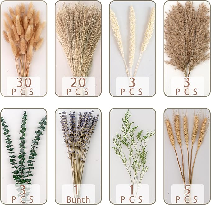 Boho Dried Flower Bouquet – Pampas Grass Bouquet with Lavender, Eucalyptus, Wheat & Bunny Tail – Rustic Dried Floral Arrangement for Olive Green Decor, Farmhouse Flowers, and Wedding Centerpieces