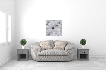 SYGALLERIER Abstract Flower Wall Art - Gray and White Floral Oil Painting with Gold Foil Embellishments - Handmade Canvas Wall Art 40x40 Inch
