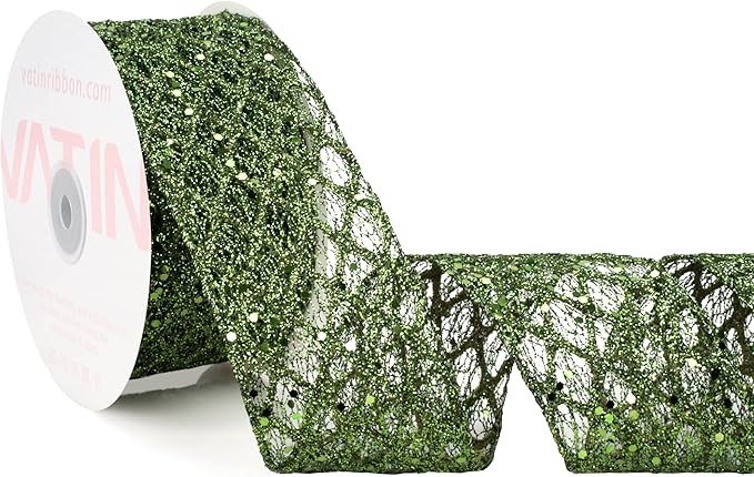 VATIN 2-1/2" Moss Green Christmas Ribbon, Green Glitter Mesh Diamond Web Sequin Dots Wired Christmas Ribbon for Gift Wrapping Bow Making Wreath Supply-10 Yards