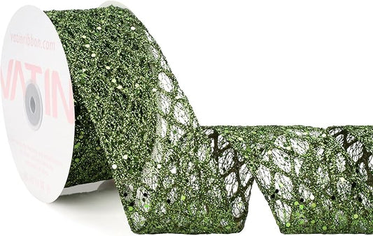 VATIN 2-1/2" Moss Green Christmas Ribbon, Green Glitter Mesh Diamond Web Sequin Dots Wired Christmas Ribbon for Gift Wrapping Bow Making Wreath Supply-10 Yards
