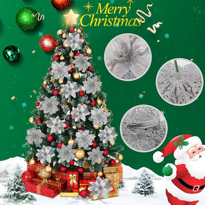RECUTMS 66 Pcs 3 Styles Silver Christmas Ornaments Christmas Glitter Poinsettia Flowers Artificial Christmas Tree Flower Decorations Wedding Wreath Floral Decorations (Silver)