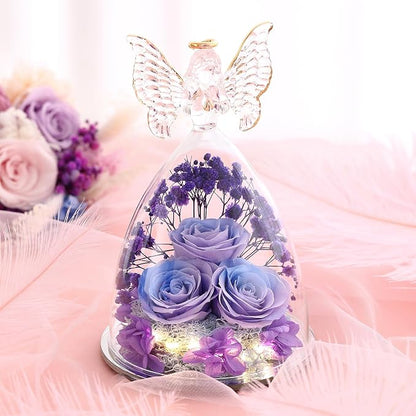 Christmas Rose Gifts for Women Preserved Real Flower in Glass Angel Figurines Roses for Delivery Prime Birthday Gifts for Mom Grandma Girlfriend Wife Her, BluePurple