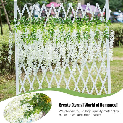 12 Pack Green White Wisteria Hanging Flowers, 3.44 Ft Fake Hanging Flowers, Artificial Wisteria Garland Vines for Wedding Room Backdrop Outdoor Patio Garden Decoration