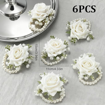 6 PCS Artificial Flowers Wrist Corsage Wristlet Band，Wedding Ball Accessories for Brides, Grooms, Bridesmaids