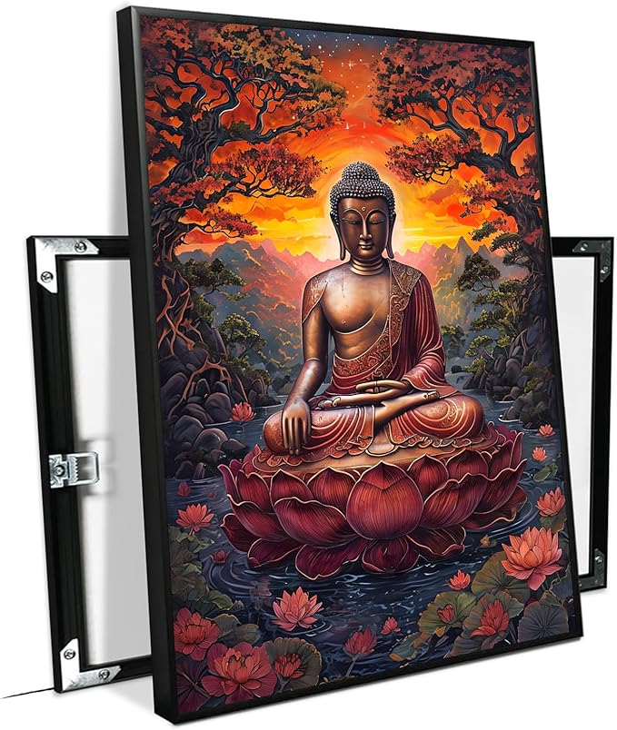 Golden Buddha on lotus seat serene meditation statue amidst lush trees flowing water and sunrise light spiritual home art for a tranquil decor 12x18in Metal blackFramed