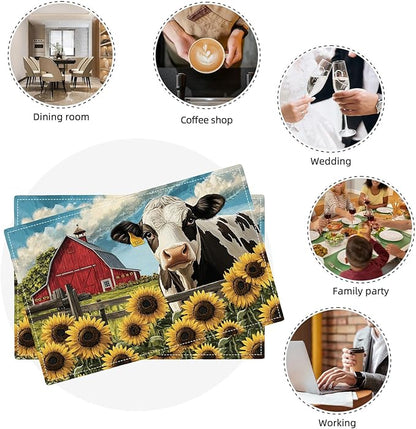 Farmhouse Sunflowers Cow Placemats Set of 6, Country Barn Place Mats, Rustic Flowers Cow Dining Table Mats, Washable Placemats for Kitchen Dining Room Home Decor 18L'' × 12W''