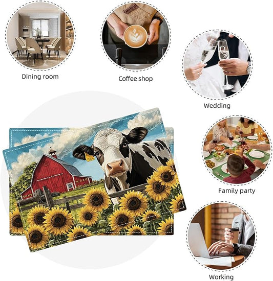 Farmhouse Sunflowers Cow Placemats Set of 6, Country Barn Place Mats, Rustic Flowers Cow Dining Table Mats, Washable Placemats for Kitchen Dining Room Home Decor 18L'' × 12W''