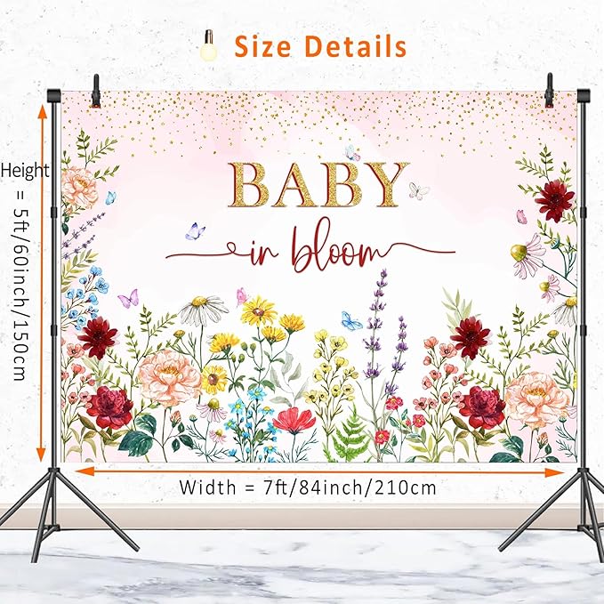 Wildflower Baby in Bloom Baby Shower Backdrop Party Decorations for Girl,Watercolor Pink Floral Wild Flowers Theme Baby in Bloom Baby Shower Banner Backdrops Background Photo Booth Props 7x5ft