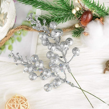 DearHouse 14 Pack Christmas Glitter Berries Stems, 7.8Inch Silver Artificial Christmas Picks for Christmas Tree Ornaments, DIY Xmas Wreath, Crafts, Holiday and Home Decor
