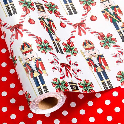MAYPLUSS Christmas Nutcracker Wrapping Paper - 17 Inch X 33 Feet - Metallic Gift Wrapping Paper featuring Christmas Tree Holly Cute Bow Candy Cane Reversible Polka Dot for Holiday Party New Year Kids