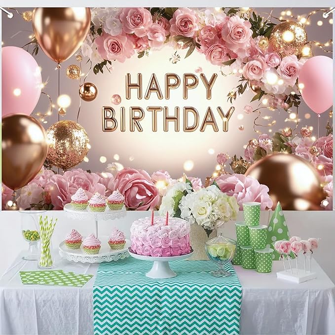 Pink Rose Happy Birthday Backdrop Banner Gold Glitter Crown Photography Background Women Girls Birthday Party Decoration Balloon Gift Floral Banner Photo Booth Props 71x43 Inch