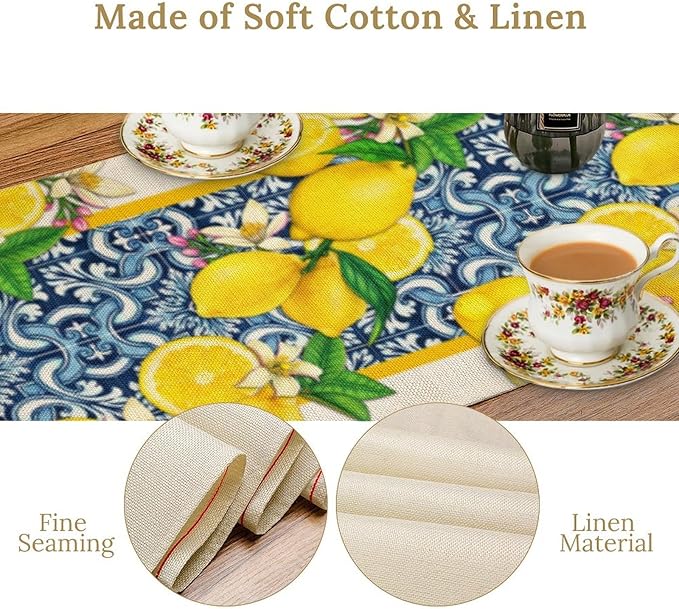 Lemon Table Runner ,Summer Blue Tiles Lemons Kitchen Dining Table Decoration Lemons Table Cover for Indoor Outdoor Home Party Decor, 13 x120 Inch