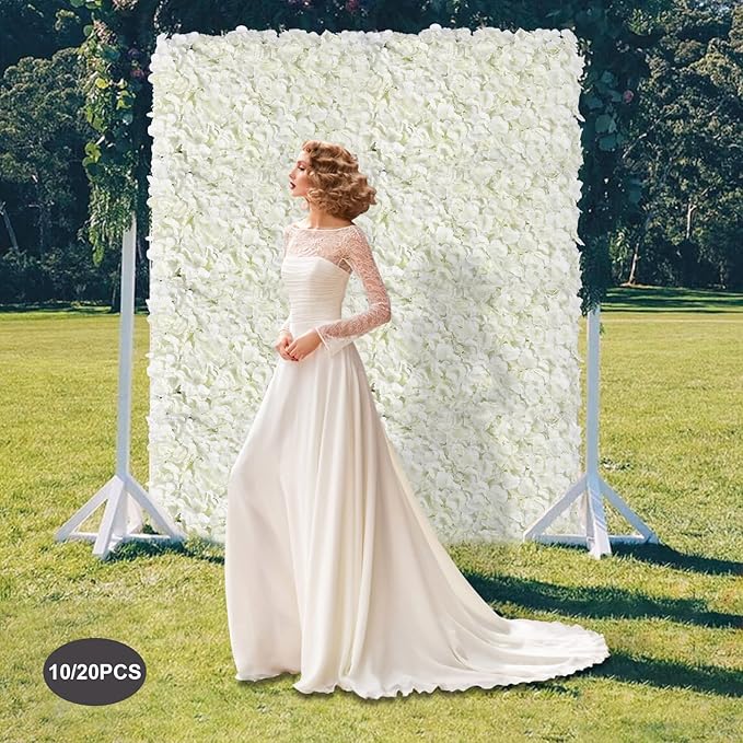 3D Flower Wall Panel, 20pcs Artificial Floral Wall Backdrop, Realistic Silk Flower Backplanes, Roll Up Fake Flower Background for Valentines Wedding Party Photo Arrangement Outdoor Decor(Milky White)
