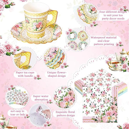 180 Pcs Floral Paper Tea Cups and Plates 9 OZ Disposable Paper TeaCups and Saucers with Tea Party Napkins Set for Tea Party Decoration Birthday Wedding Bridal Shower Party Supplies