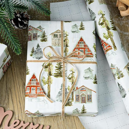 MAYPLUSS Christmas Wrapping Paper Roll - 17 In x 33 Feet - Cute Watercolor Christmas Tree Log Cabin Gift Wrap Paper for New Year, Holiday, Kids