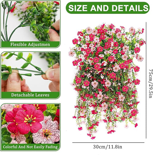 Artificial Flowers for Outdoors 6PCS，All Weather Fade Proof, UV Resistant Waterproof Realistic Faux Silk Mums Daisies Rose Red & Pink for Hanging Planters Porch Patio Balcony Deck Fence Garden Decor