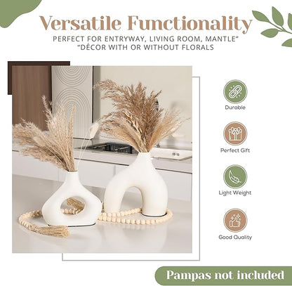 LUSHAURA Donut Vase Set | 2 Modern Boho Vases - 58" Wooden Garland & Felt Pads | Scandinavian Home Decor - White Vases for Flowers - Entry Table Decor - Boho Shelf Decor - Organic Modern Home Decor