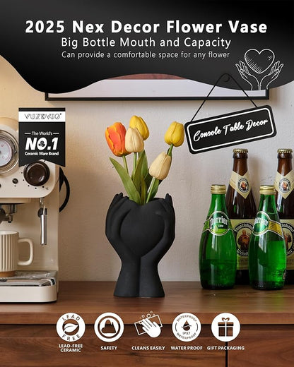 8" Heart Hand Black Ceramic Vase - Unique Modern Aesthetic Flowers Vase for Living Room Bedroom Office Kitchen Table Centerpiece or Shelf Decor-Gifts for Wedding Bridal Shower Women Mom (Black)