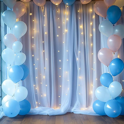 30ft x 10ft Blue Backdrop Curtain with Lights String for Parties, Sheer Tulle Wedding Photo Backdrops Drapes for Baby Shower Birthday Party Decorations Background for Photography