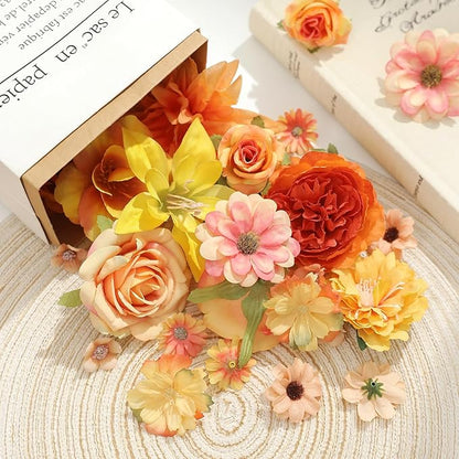 Fake Flower Heads Bulk - Orange Silk Daisy & Rose Fall Artificial Flower for Crafts, DIY, Graduation Cap, Wedding, Party, Cake Topper, Home Garland Decor