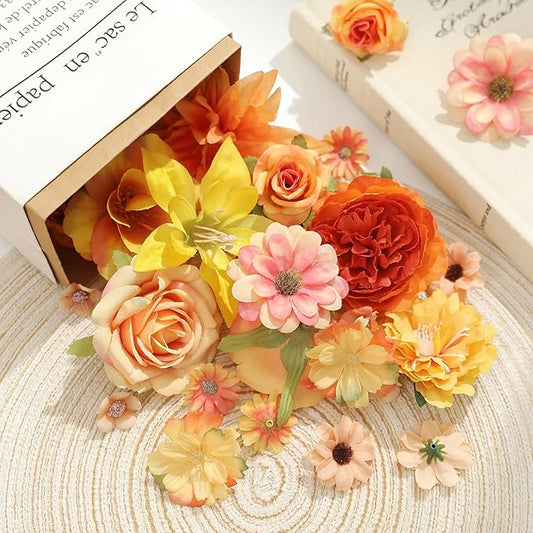Fake Flower Heads Bulk - Orange Silk Daisy & Rose Fall Artificial Flower for Crafts, DIY, Graduation Cap, Wedding, Party, Cake Topper, Home Garland Decor