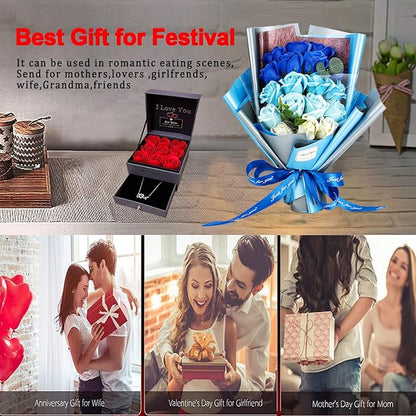 EIGHTOWN Roses Bouquet Artificial Flower - Preserved Blue Rose Flowers with Love Necklace for Her - Unique Gifts Valentine's Day, Mother's Day, Thanksgiving, Birthday, Anniversary