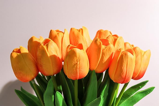 SITUMEIZI 15pcs Fake Tulips Artificial Flowers Real Touch Red 14" Silk Flower for Home Kitchen Decor Spring Easter Wedding Bouquet Decorations Office Floral Arrangements(Orange)