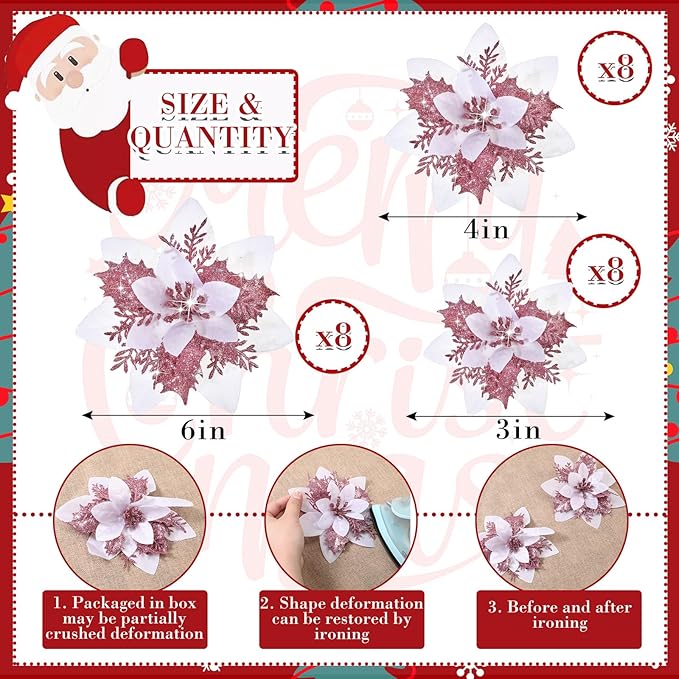 24 Christmas Glitter Artificial Poinsettia Flowers Xmas Poinsettia Artificial Wedding Flowers Decorations Xmas Tree Ornaments with Clips for Party Favors, 6 Inch, 4 Inch, 3 Inch (White Pink)