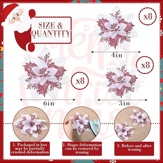 24 Christmas Glitter Artificial Poinsettia Flowers Xmas Poinsettia Artificial Wedding Flowers Decorations Xmas Tree Ornaments with Clips for Party Favors, 6 Inch, 4 Inch, 3 Inch (White Pink)