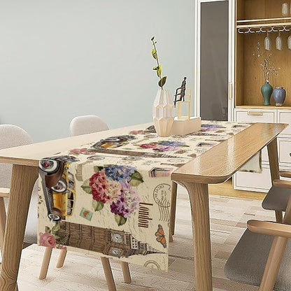 British Table Runner, Seasonal Vintage Floral England London Culture Element Coffee Table Center Decor for Home Kitchen Dining Patio Holiday Party Table Decorations 13x36 inches