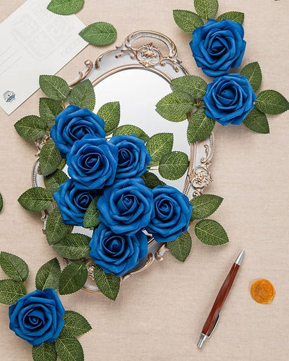 DuHouse 25Pcs Artificial Roses Flowers Fake Roses with Stems Real Touch Foam Flowers for DIY Wedding Bouquet Baby Shower Centerpiece Floral Arrangement Party Home Decor(Royal Blue)