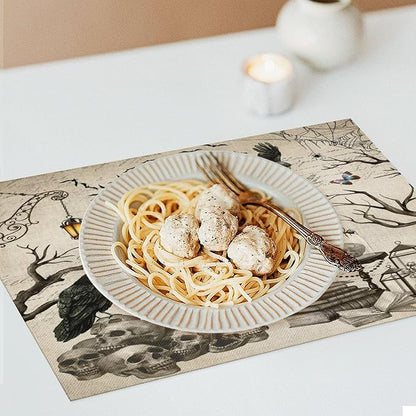 Halloween Skeleton Placemats Vintage Country Gothic Dark Raven Misty Spiderweb Placemats Table Kitchen Dining Party 12x18 Inch Set of 6