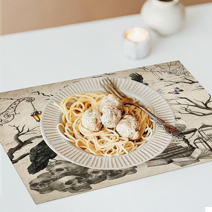 Halloween Skeleton Placemats Vintage Country Gothic Dark Raven Misty Spiderweb Placemats Table Kitchen Dining Party 12x18 Inch Set of 4